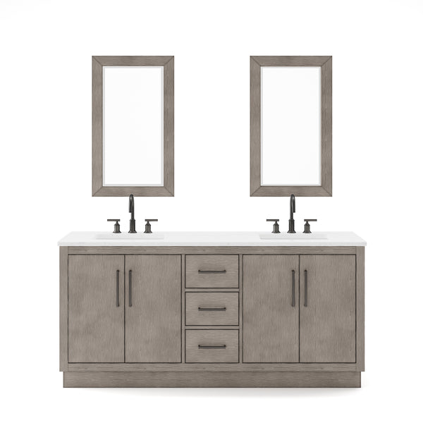 Water Creation Hugo 72" In. Double Sink Carrara White Marble Countertop Vanity in Grey Oak with Gooseneck Faucets - Luxe Bathroom Vanities