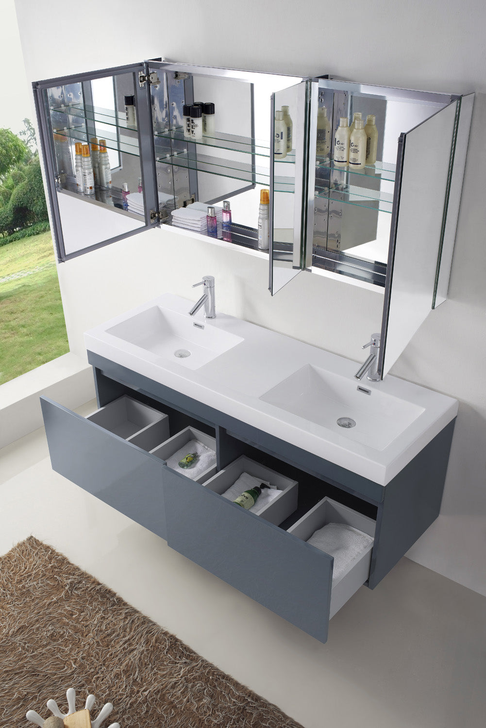 Virtu USA Zuri 55" Double Bath Vanity in Wenge with White Polymarble Top and Integrated Square Sinks - Luxe Bathroom Vanities