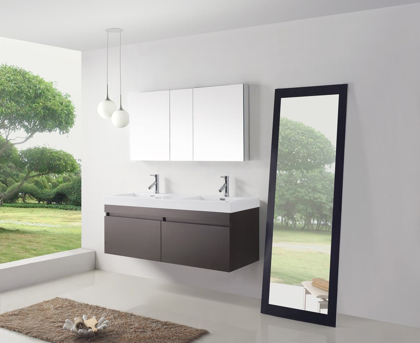 Virtu USA Zuri 55" Double Bath Vanity in Wenge with White Polymarble Top and Integrated Square Sinks - Luxe Bathroom Vanities