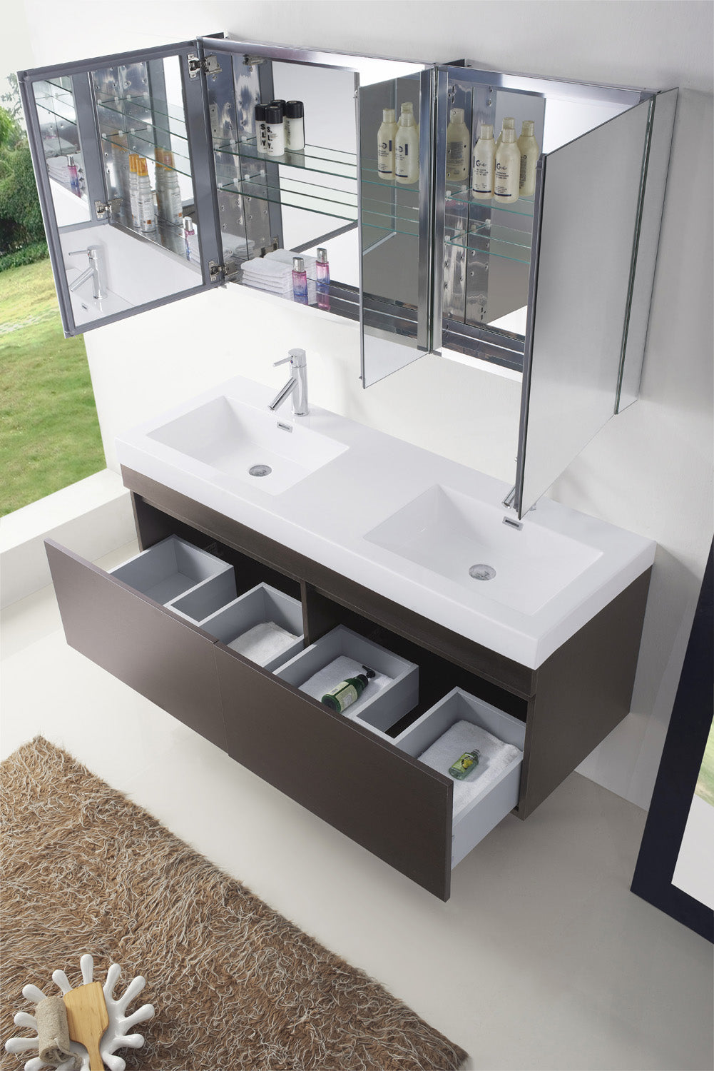 Virtu USA Zuri 55" Double Bath Vanity in Wenge with White Polymarble Top and Integrated Square Sinks - Luxe Bathroom Vanities