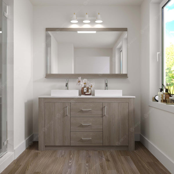 Virtu USA Tavian 60" Double Bath Vanity in Gray Oak with White Engineered Stone Top and Square Sinks with Matching Mirror - Luxe Bathroom Vanities