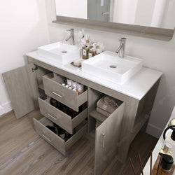 Virtu USA Tavian 60" Double Bath Vanity in Gray Oak with White Engineered Stone Top and Square Sinks with Matching Mirror - Luxe Bathroom Vanities