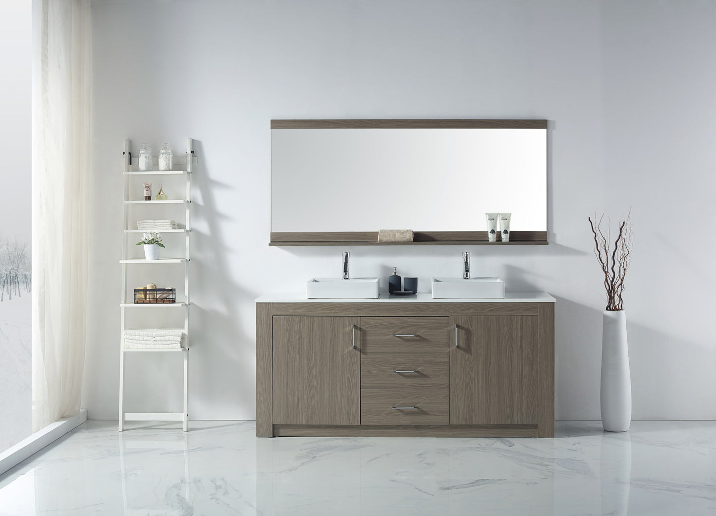 Virtu USA Tavian 72" Double Bath Vanity in Gray Oak with White Engineered Stone Top and Square Sinks with Matching Mirror - Luxe Bathroom Vanities