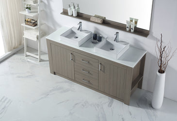 Virtu USA Tavian 72" Double Bath Vanity in Gray Oak with White Engineered Stone Top and Square Sinks with Matching Mirror - Luxe Bathroom Vanities