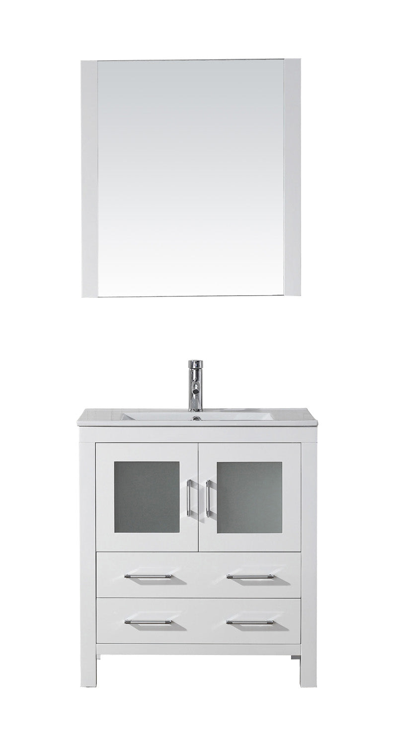 Virtu USA Dior 30" Single Bath Vanity with Slim White Ceramic Top and Square Sink with Brushed Nickel Faucet and Mirror - Luxe Bathroom Vanities Luxury Bathroom Fixtures Bathroom Furniture