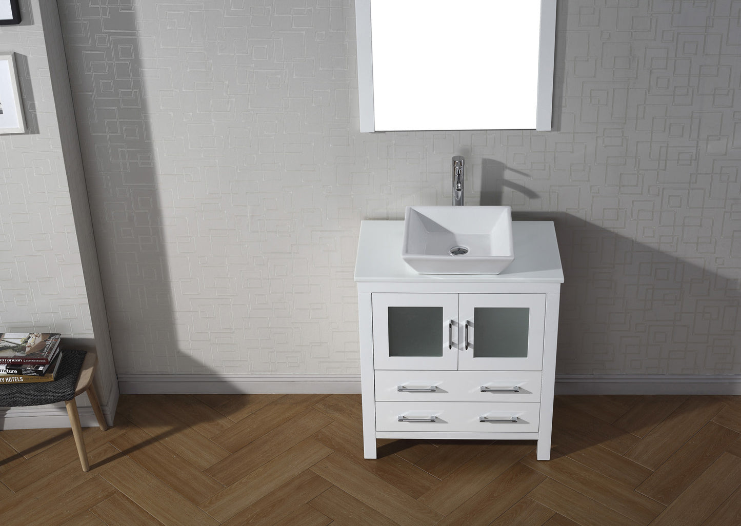 Virtu USA Dior 30" Single Bath Vanity with White Engineered Stone Top and Square Sink with Brushed Nickel Faucet and Mirror - Luxe Bathroom Vanities Luxury Bathroom Fixtures Bathroom Furniture