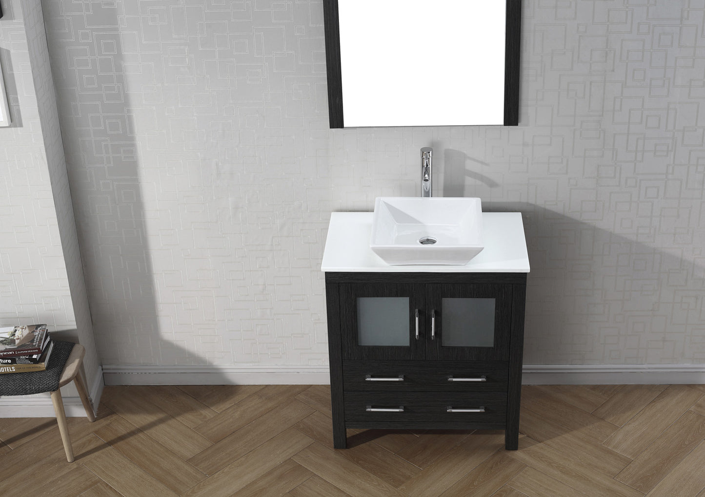 Virtu USA Dior 30" Single Bath Vanity with White Engineered Stone Top and Square Sink with Polished Chrome Faucet and Mirror - Luxe Bathroom Vanities Luxury Bathroom Fixtures Bathroom Furniture