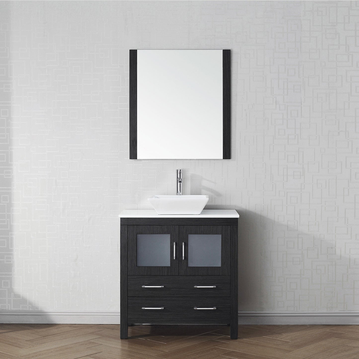 Virtu USA Dior 32" Single Bath Vanity with White Engineered Stone Top and Square Sink with Brushed Nickel Faucet and Mirror - Luxe Bathroom Vanities Luxury Bathroom Fixtures Bathroom Furniture