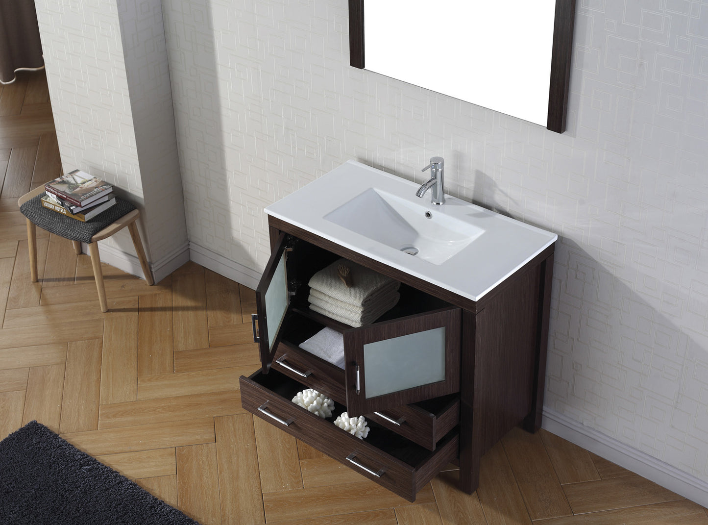 Virtu USA Dior 36" Single Bath Vanity with Slim White Ceramic Top and Square Sink with Brushed Nickel Faucet and Mirror - Luxe Bathroom Vanities Luxury Bathroom Fixtures Bathroom Furniture