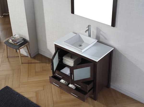 Virtu USA Dior 36" Single Bath Vanity in Espresso with White Engineered Stone Top and Square Sink with Polished Chrome Faucet and Mirror - Luxe Bathroom Vanities Luxury Bathroom Fixtures Bathroom Furniture