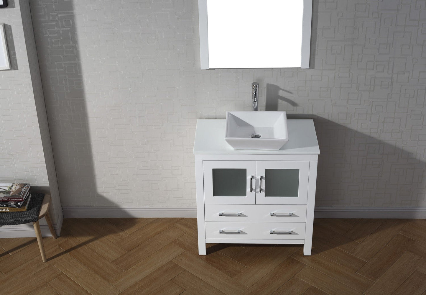 Virtu USA Dior 36" Single Bath Vanity with White Engineered Stone Top and Square Sink with Polished Chrome Faucet and Mirror - Luxe Bathroom Vanities