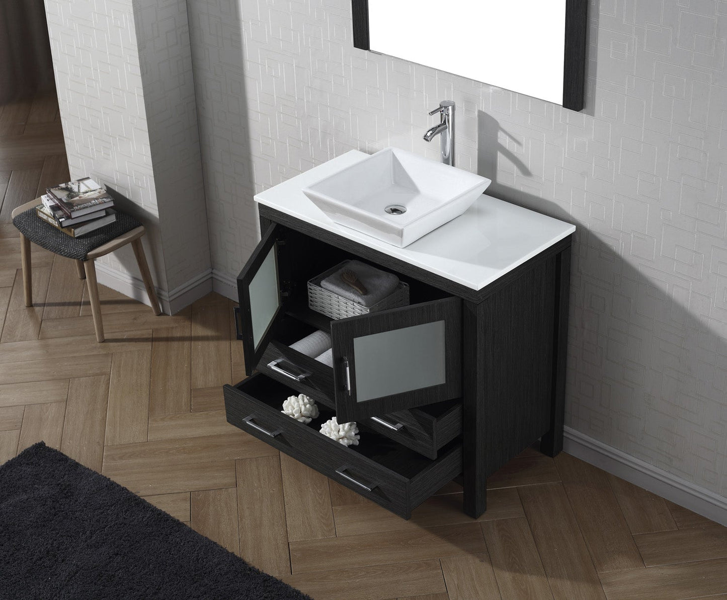 Virtu USA Dior 36" Single Bath Vanity with White Engineered Stone Top and Square Sink with Polished Chrome Faucet and Mirror - Luxe Bathroom Vanities