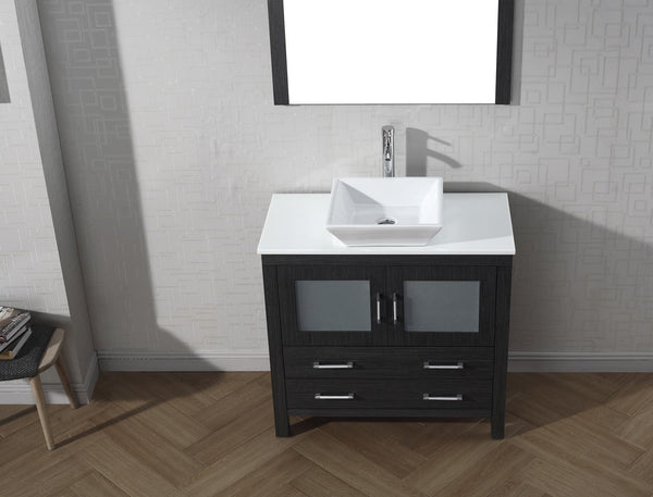 Virtu USA Dior 36" Single Bath Vanity with White Engineered Stone Top and Square Sink with Polished Chrome Faucet and Mirror - Luxe Bathroom Vanities