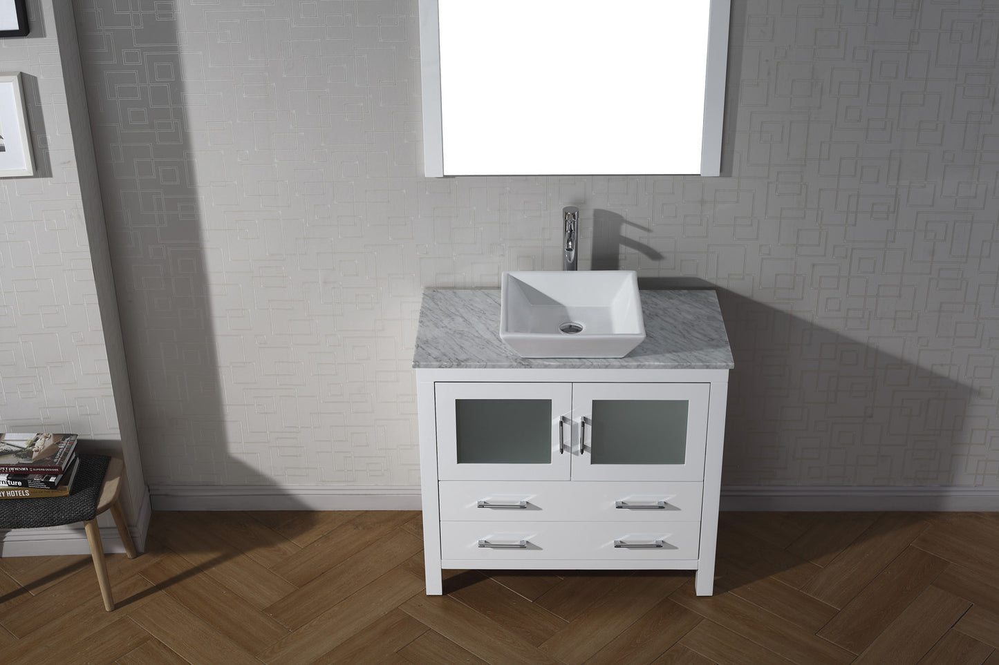 Virtu USA Dior 36" Single Bath Vanity with Marble Top and Square Sink with Brushed Nickel Faucet and Mirror - Luxe Bathroom Vanities Luxury Bathroom Fixtures Bathroom Furniture