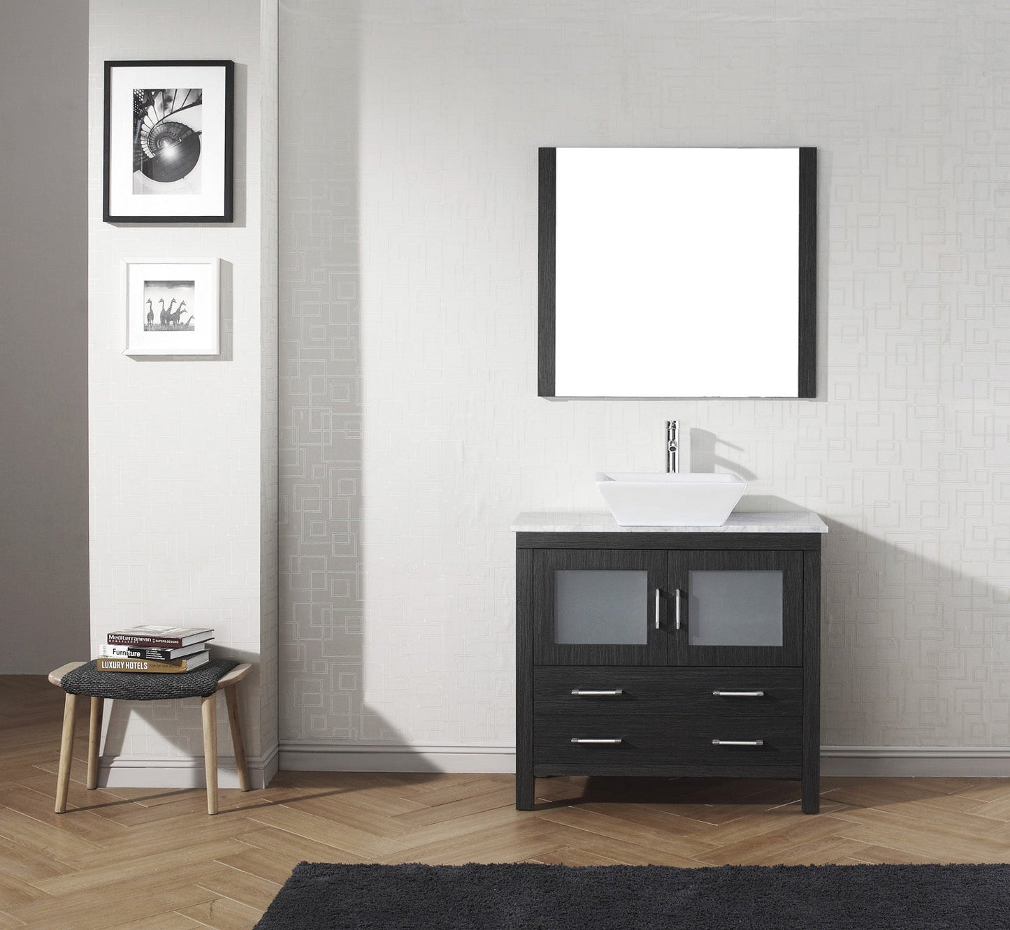 Virtu USA Dior 36" Single Bath Vanity with Marble Top and Square Sink with Brushed Nickel Faucet and Mirror - Luxe Bathroom Vanities