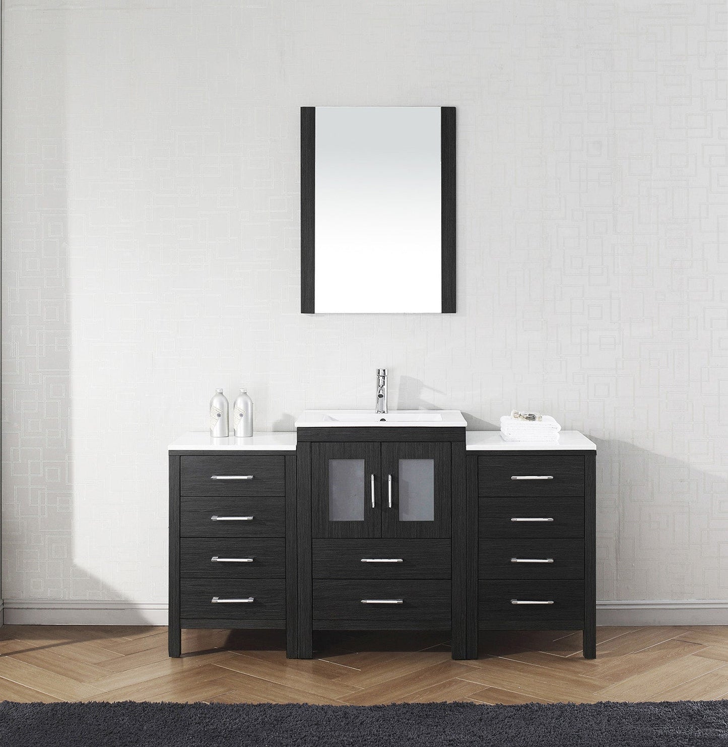 Virtu USA Dior 60" Single Bath Vanity with Slim White Ceramic Top and Square Sink with Brushed Nickel Faucet and Mirror - Luxe Bathroom Vanities
