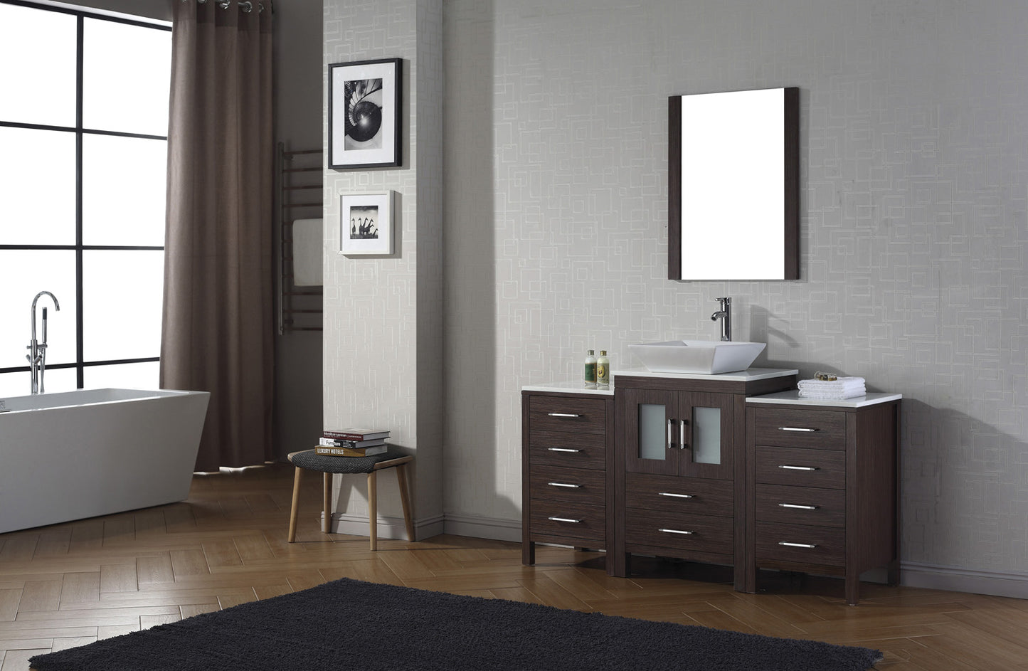 Virtu USA Dior 60" Single Bath Vanity in Espresso with White Engineered Stone Top and Square Sink with Brushed Nickel Faucet and Mirror - Luxe Bathroom Vanities Luxury Bathroom Fixtures Bathroom Furniture