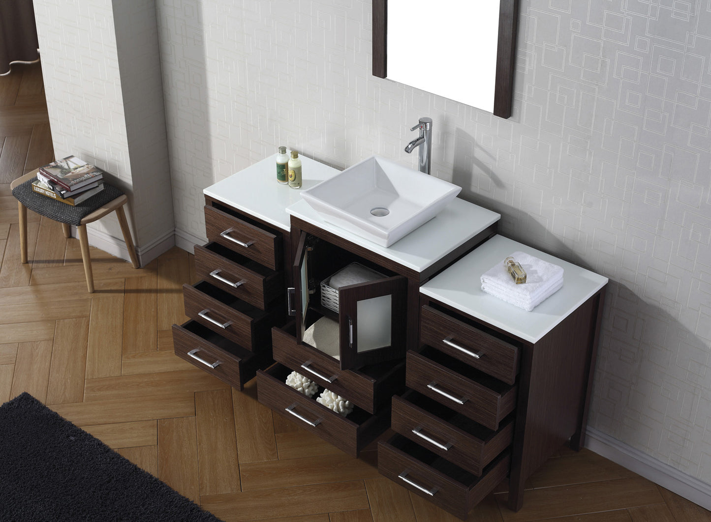 Virtu USA Dior 60" Single Bath Vanity in Espresso with White Engineered Stone Top and Square Sink with Brushed Nickel Faucet and Mirror - Luxe Bathroom Vanities Luxury Bathroom Fixtures Bathroom Furniture