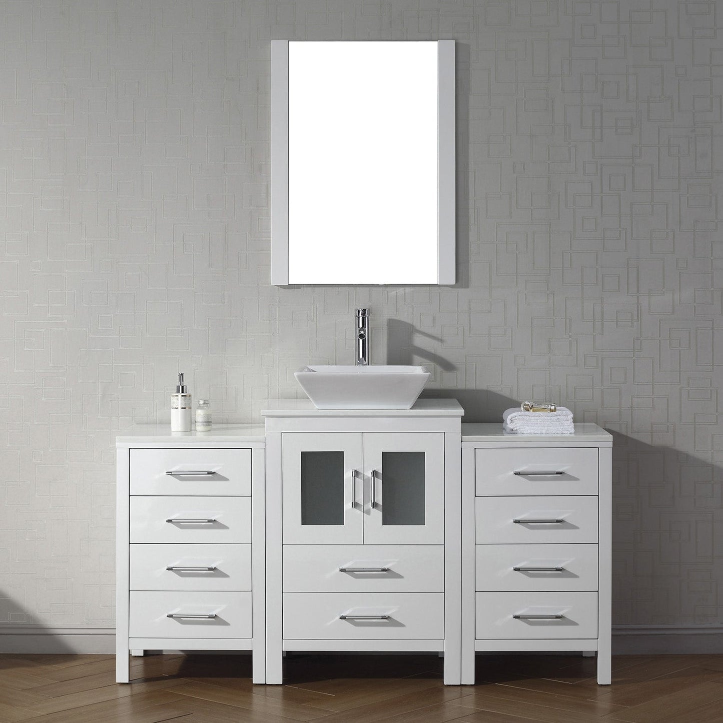 Virtu USA Dior 60" Single Bath Vanity with White Engineered Stone Top and Square Sink with Brushed Nickel Faucet and Mirror - Luxe Bathroom Vanities