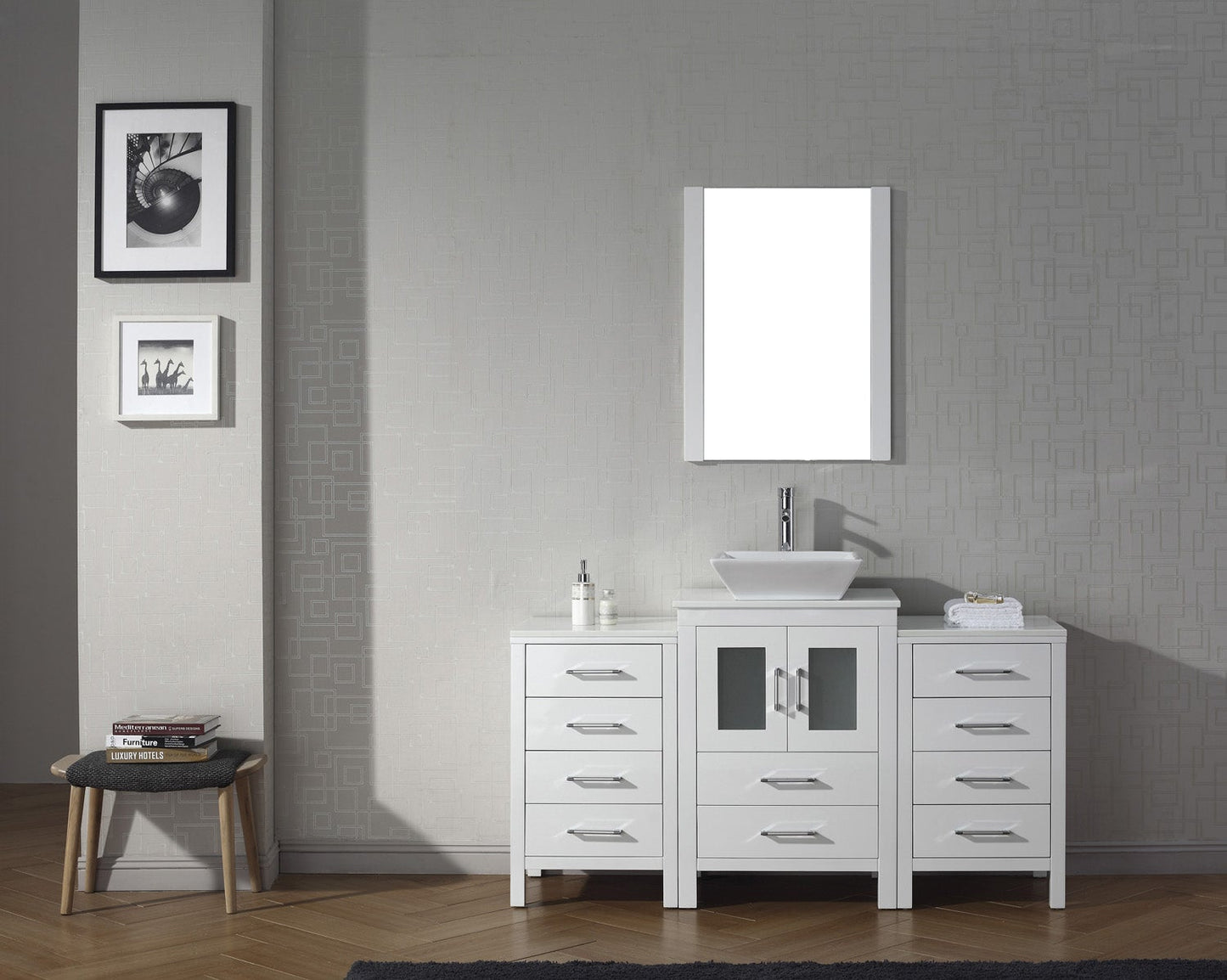 Virtu USA Dior 60" Single Bath Vanity with White Engineered Stone Top and Square Sink with Brushed Nickel Faucet and Mirror - Luxe Bathroom Vanities