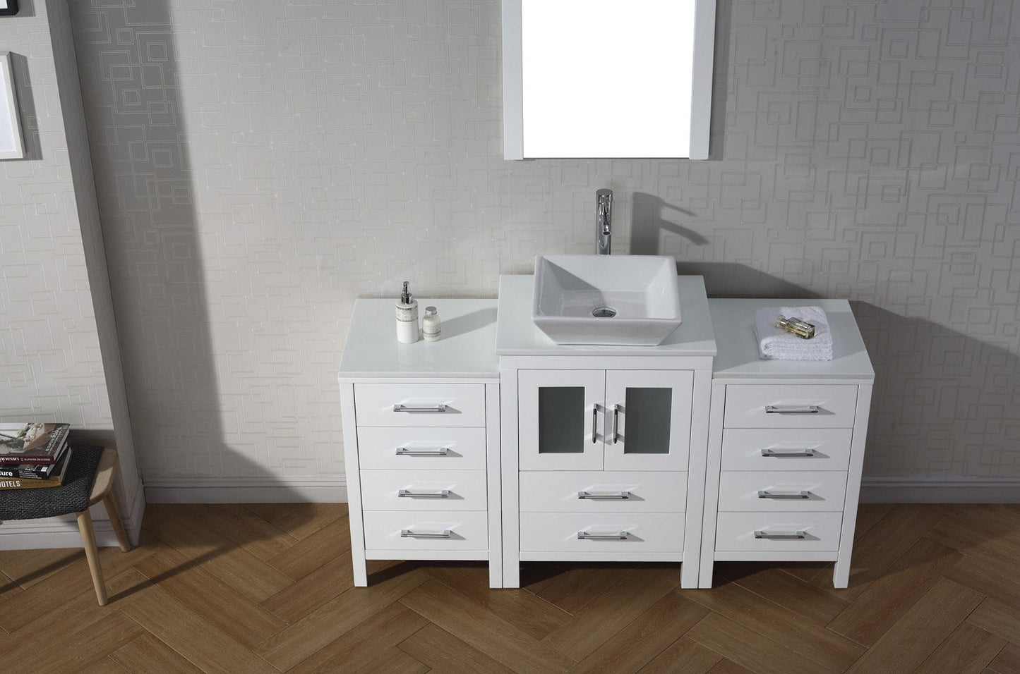 Virtu USA Dior 60" Single Bath Vanity with White Engineered Stone Top and Square Sink with Brushed Nickel Faucet and Mirror - Luxe Bathroom Vanities