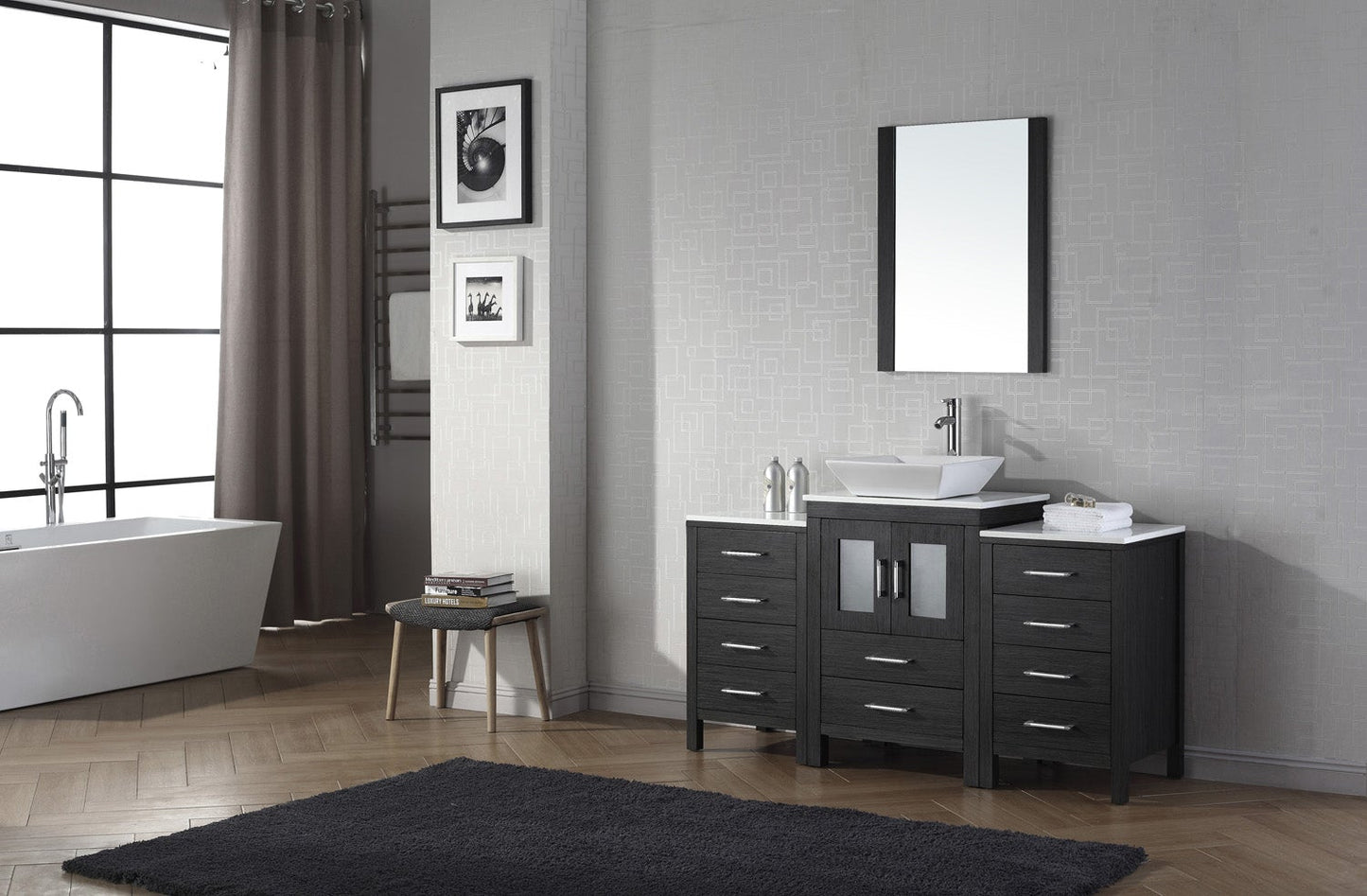 Virtu USA Dior 60" Single Bath Vanity with White Engineered Stone Top and Square Sink with Brushed Nickel Faucet and Mirror - Luxe Bathroom Vanities