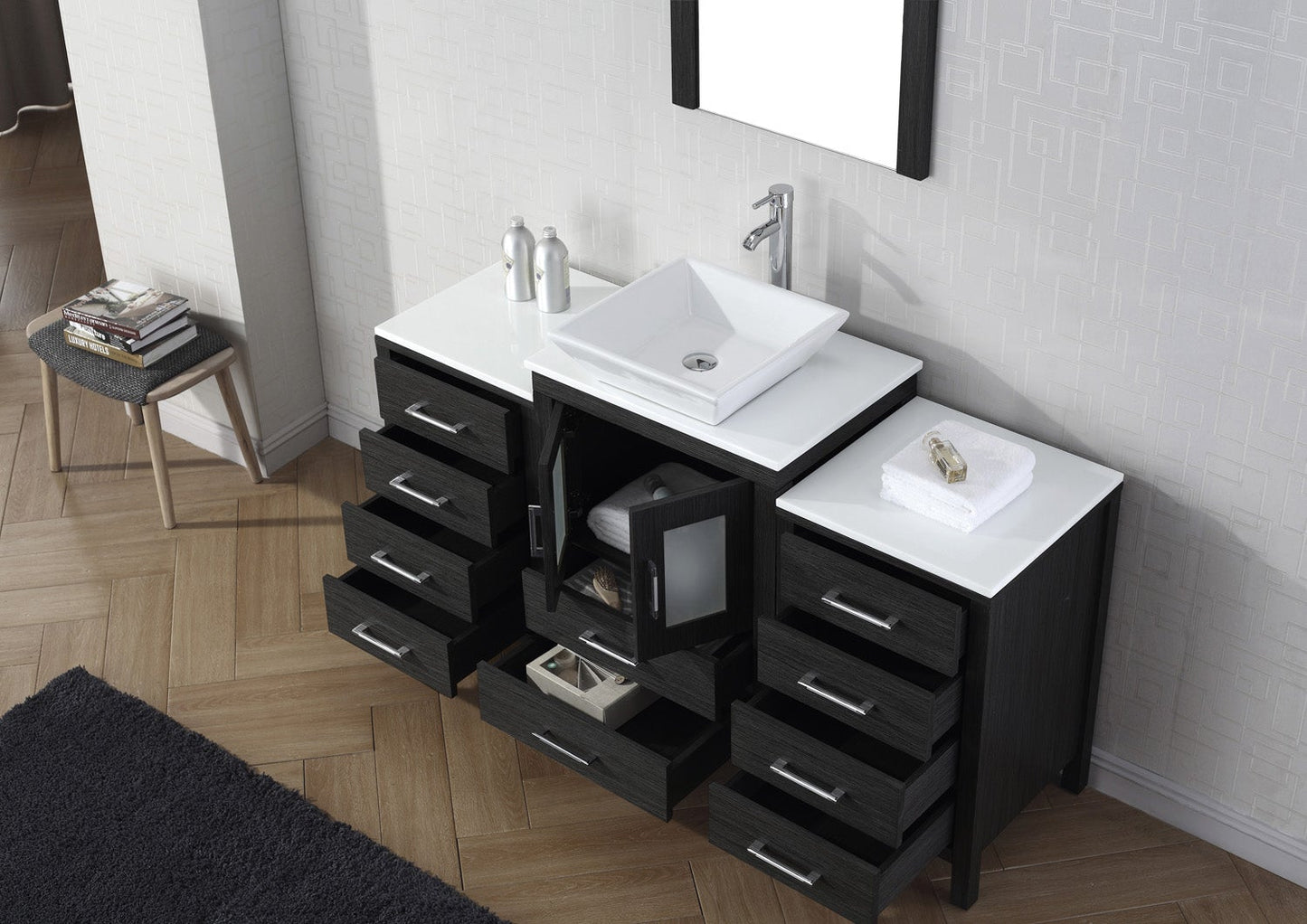 Virtu USA Dior 60" Single Bath Vanity with White Engineered Stone Top and Square Sink with Brushed Nickel Faucet and Mirror - Luxe Bathroom Vanities