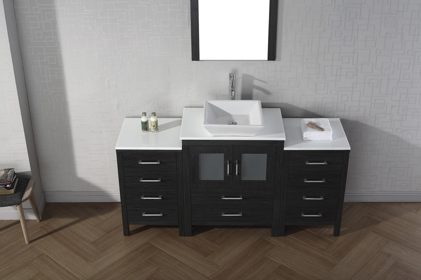 Virtu USA Dior 64" Single Bath Vanity with White Engineered Stone Top and Square Sink with Brushed Nickel Faucet and Mirror - Luxe Bathroom Vanities Luxury Bathroom Fixtures Bathroom Furniture
