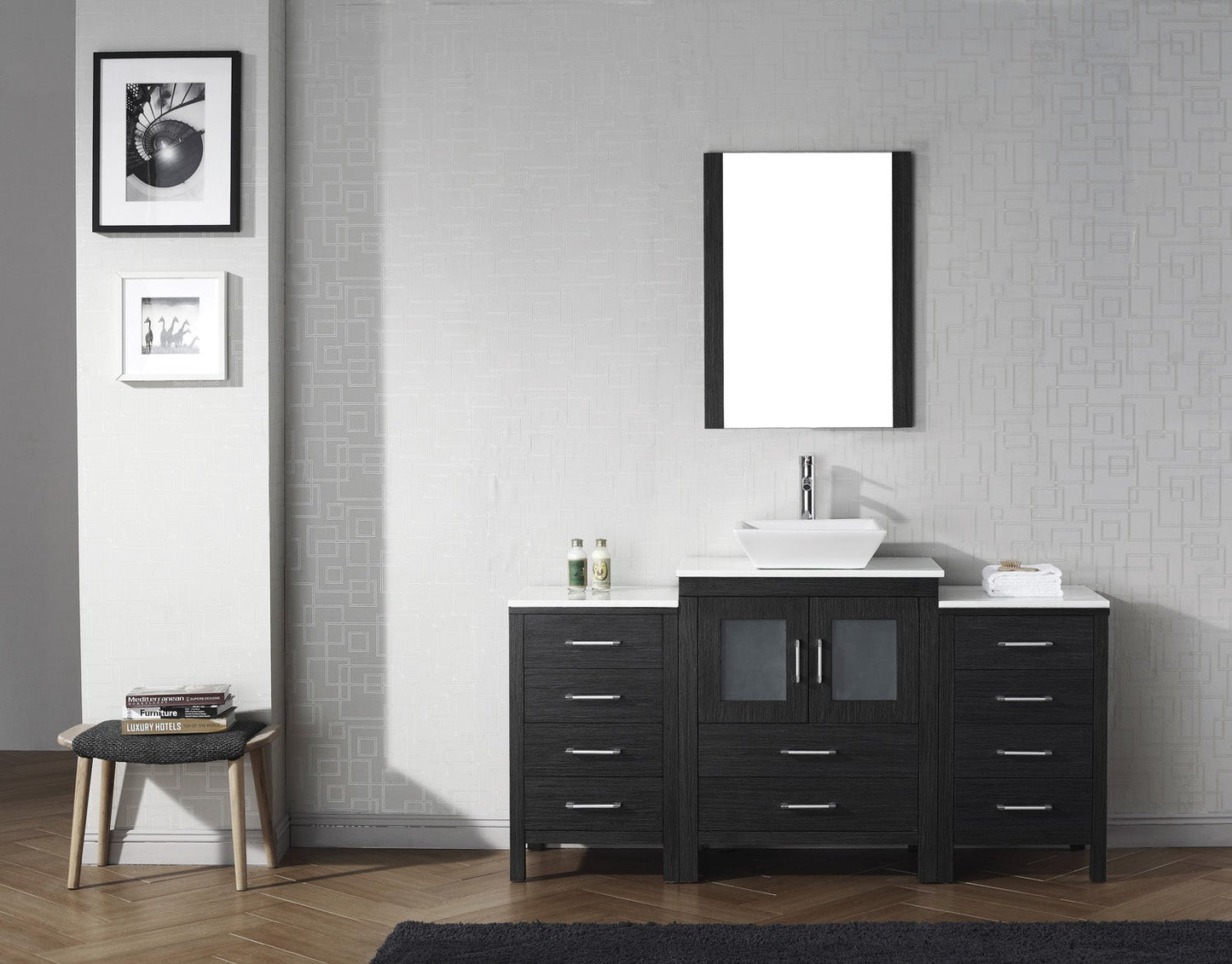 Virtu USA Dior 64" Single Bath Vanity with Aqua Tempered Glass Top and Square Sink with Polished Chrome Faucet and Mirror - Luxe Bathroom Vanities