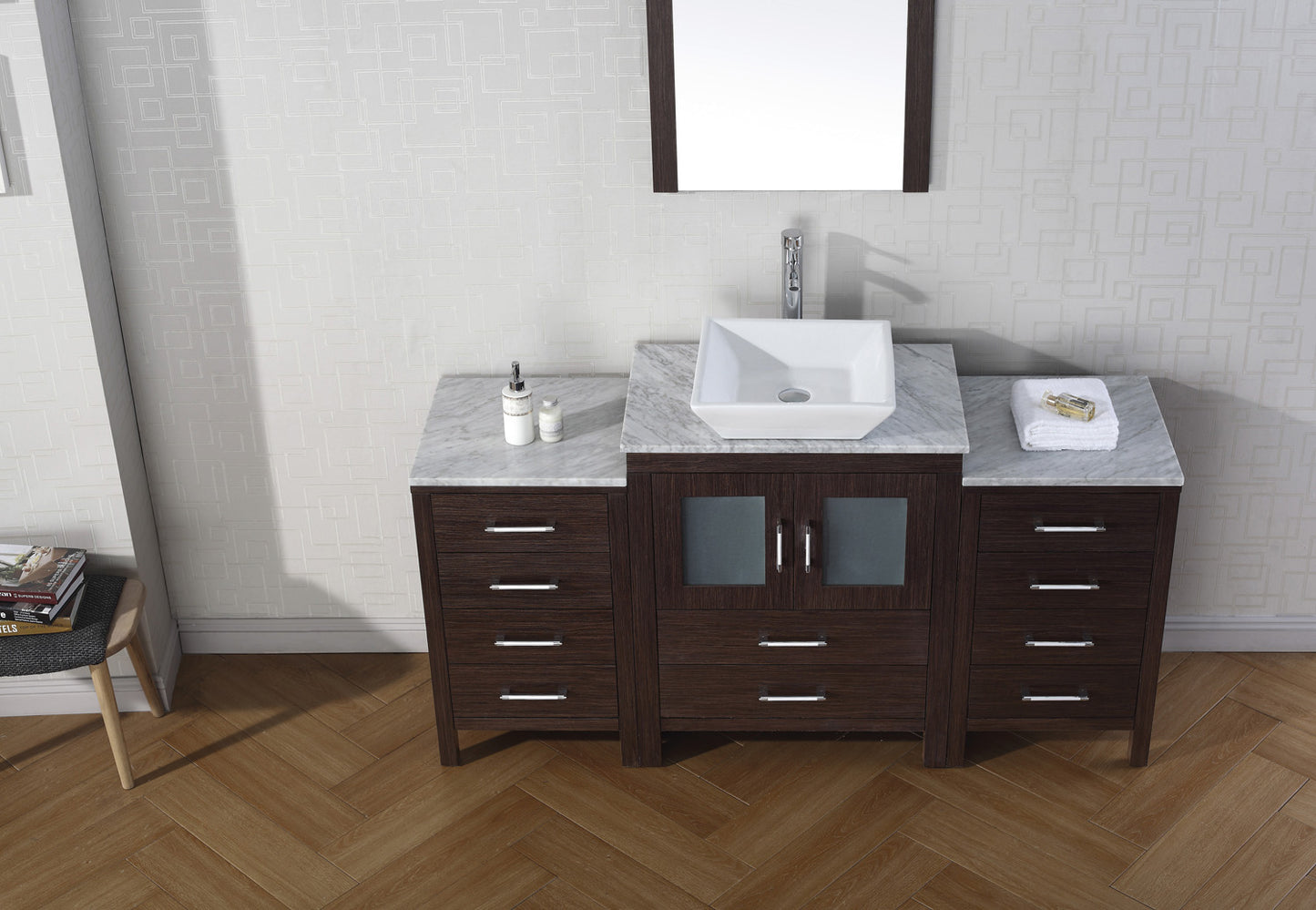 Virtu USA Dior 64" Single Bath Vanity with White Engineered Stone Top and Square Sink with Polished Chrome Faucet and Mirror - Luxe Bathroom Vanities Luxury Bathroom Fixtures Bathroom Furniture