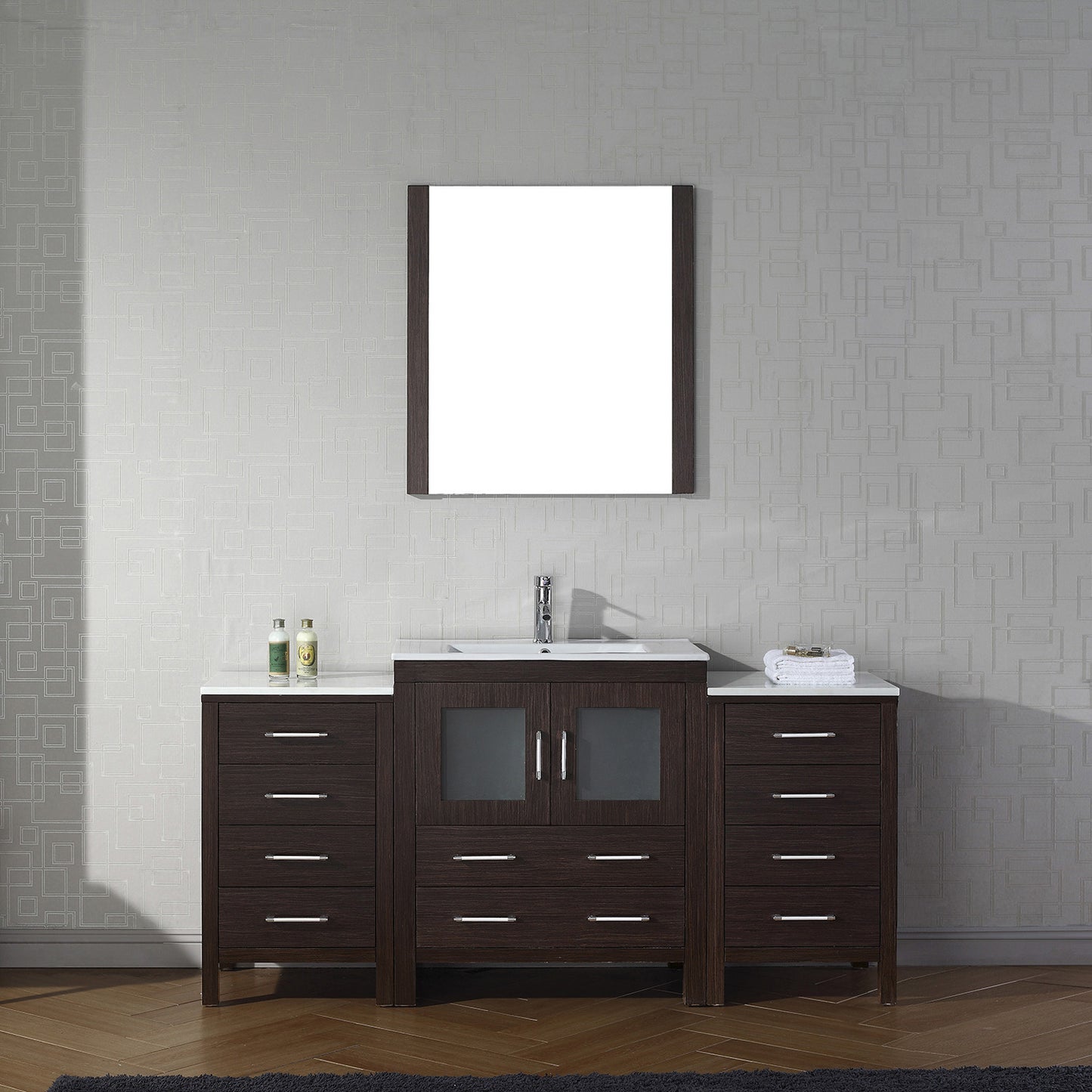 Virtu USA Dior 66" Single Bath Vanity with Slim White Ceramic Top and Square Sink with Polished Chrome Faucet and Mirror - Luxe Bathroom Vanities Luxury Bathroom Fixtures Bathroom Furniture