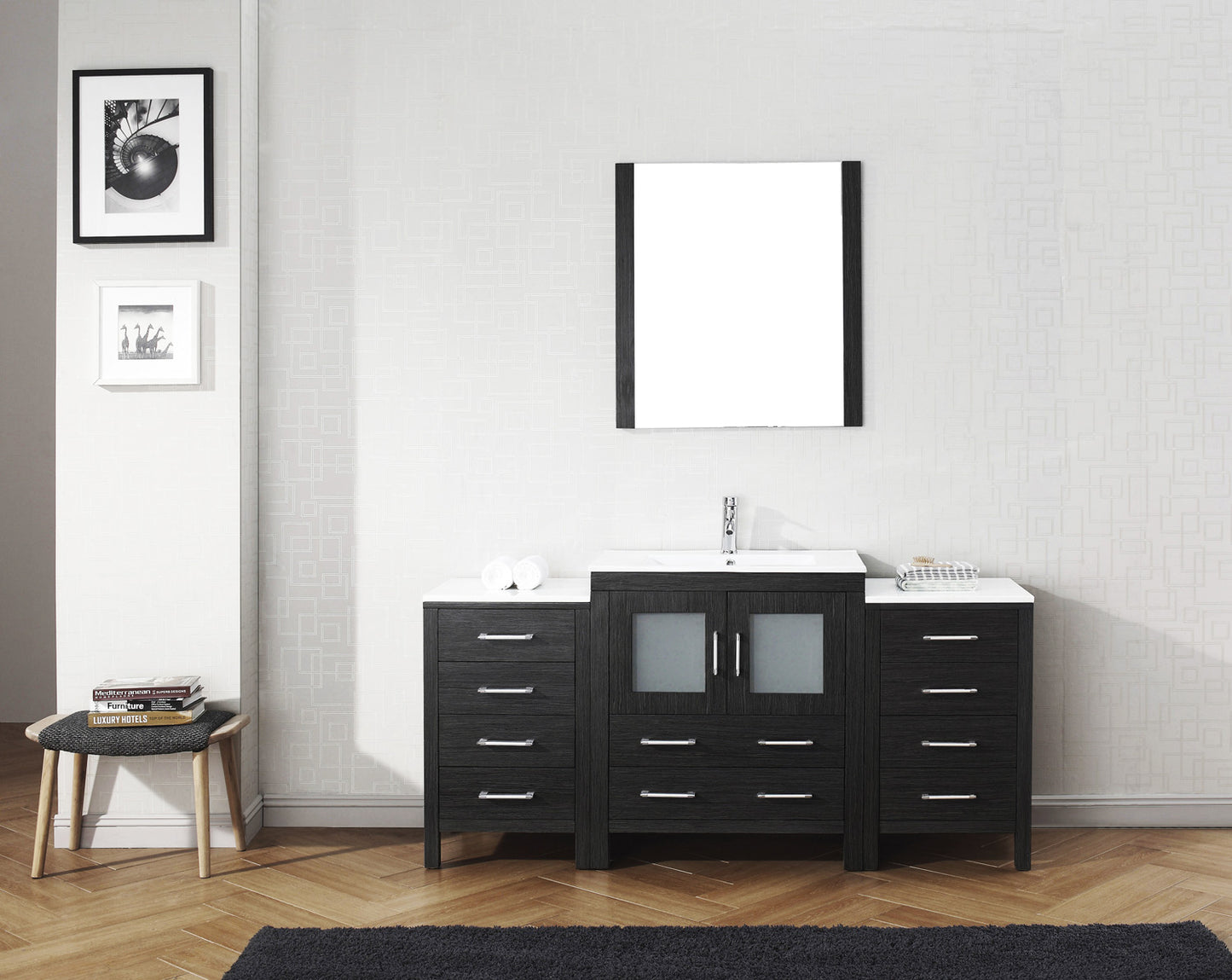 Virtu USA Dior 66" Single Bath Vanity with Slim White Ceramic Top and Square Sink with Polished Chrome Faucet and Mirror - Luxe Bathroom Vanities Luxury Bathroom Fixtures Bathroom Furniture