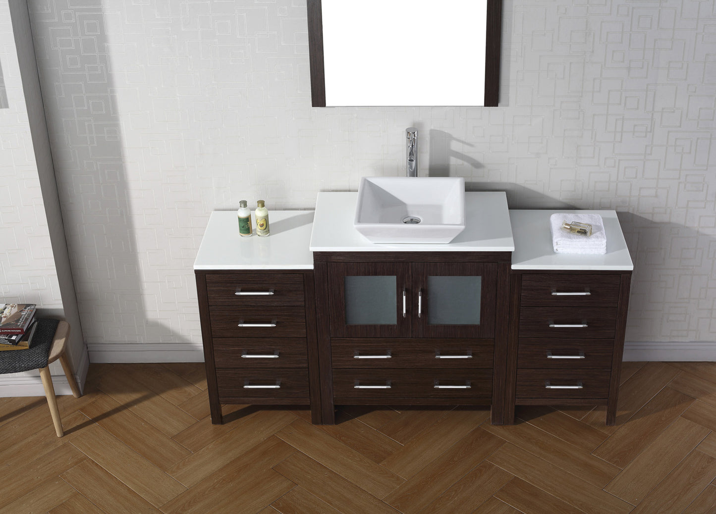 Virtu USA Dior 66" Single Bath Vanity with White Engineered Stone Top and Square Sink with Brushed Nickel Faucet and Mirror - Luxe Bathroom Vanities Luxury Bathroom Fixtures Bathroom Furniture