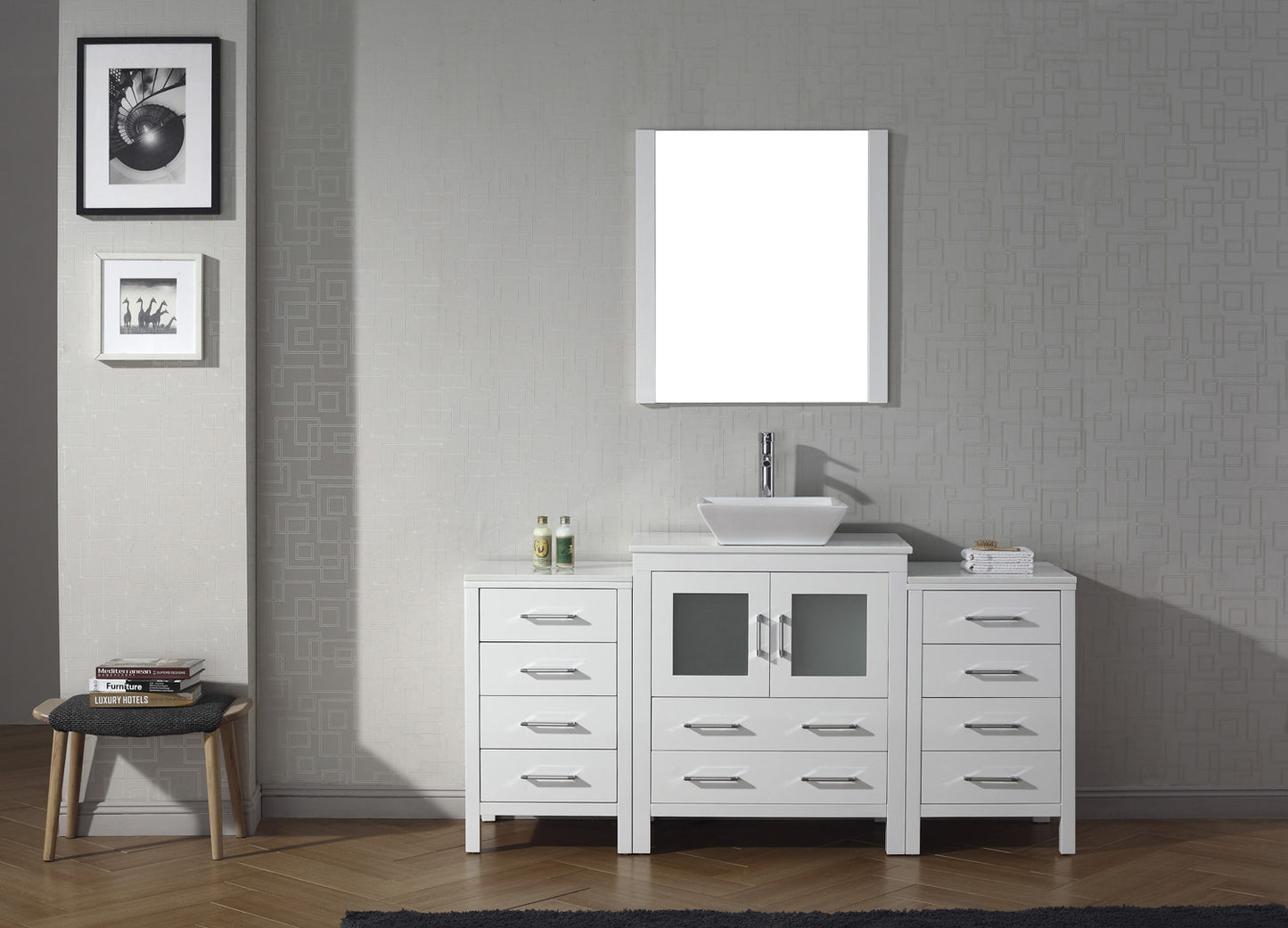 Virtu USA Dior 66" Single Bath Vanity with White Engineered Stone Top and Square Sink with Brushed Nickel Faucet and Mirror - Luxe Bathroom Vanities Luxury Bathroom Fixtures Bathroom Furniture