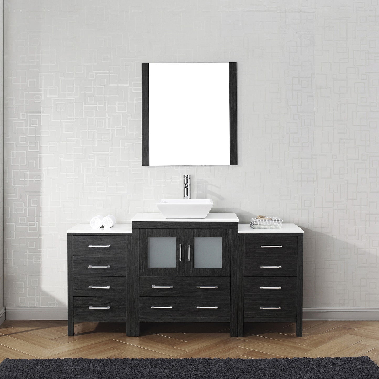 Virtu USA Dior 66" Single Bath Vanity with White Engineered Stone Top and Square Sink with Polished Chrome Faucet and Mirror - Luxe Bathroom Vanities Luxury Bathroom Fixtures Bathroom Furniture