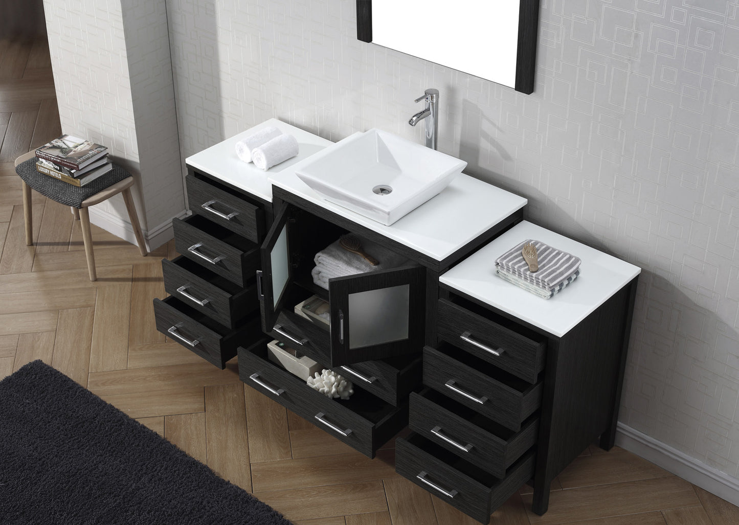 Virtu USA Dior 66" Single Bath Vanity with White Engineered Stone Top and Square Sink with Polished Chrome Faucet and Mirror - Luxe Bathroom Vanities Luxury Bathroom Fixtures Bathroom Furniture