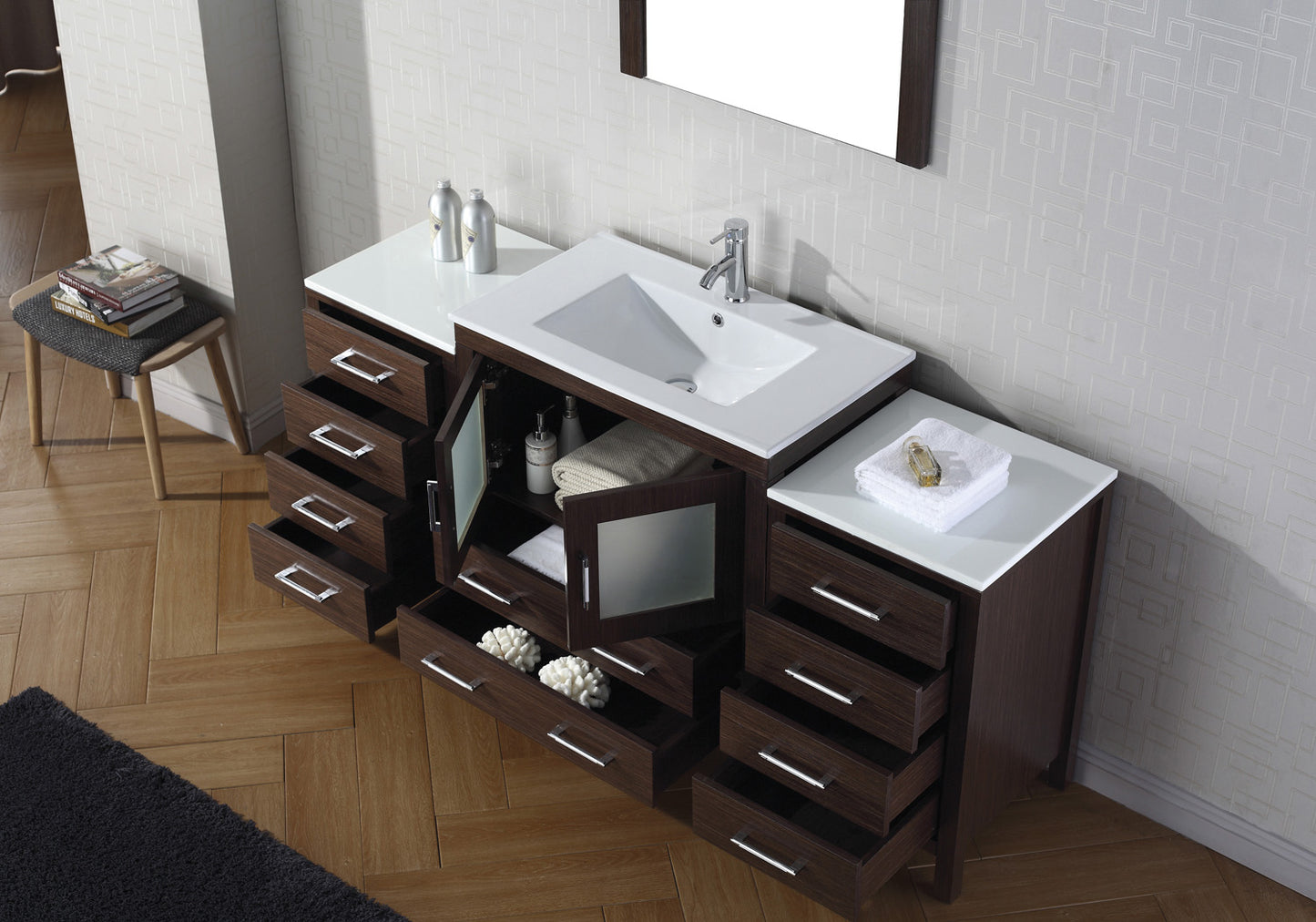 Virtu USA Dior 68" Single Bath Vanity in Espresso with Slim White Ceramic Top and Square Sink with Polished Chrome Faucet and Mirror - Luxe Bathroom Vanities Luxury Bathroom Fixtures Bathroom Furniture