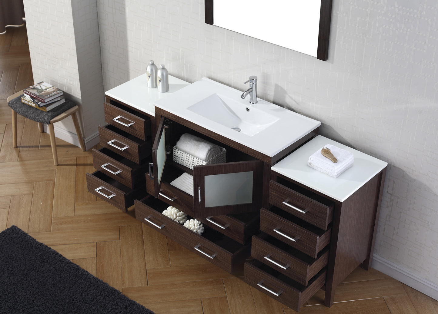 Virtu USA Dior 72" Single Bath Vanity in Espresso with Slim White Ceramic Top and Square Sink with Polished Chrome Faucet and Mirror - Luxe Bathroom Vanities Luxury Bathroom Fixtures Bathroom Furniture