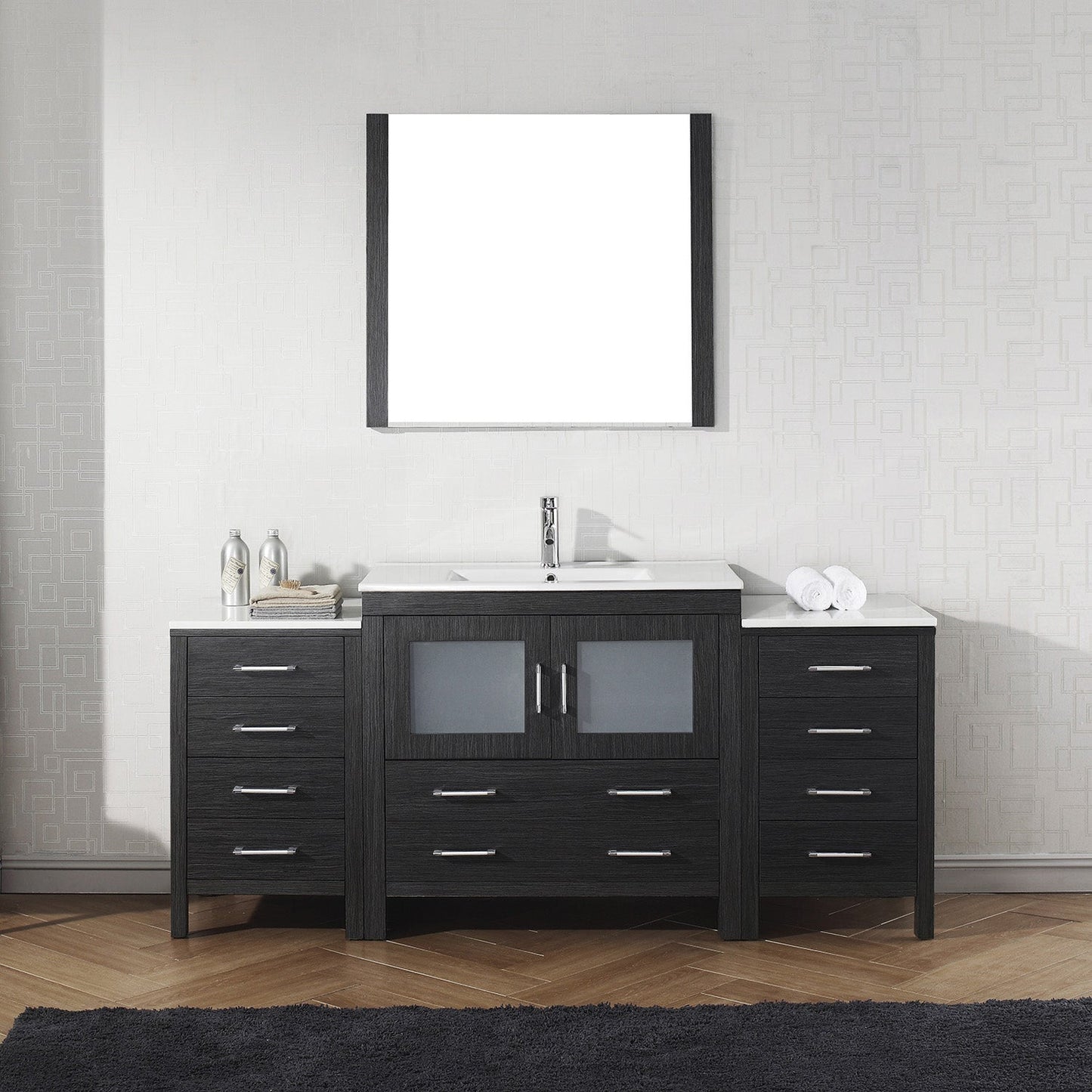 Virtu USA Dior 72" Single Bath Vanity with Slim White Ceramic Top and Square Sink with Brushed Nickel Faucet and Mirror - Luxe Bathroom Vanities