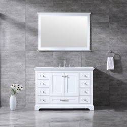 Lexora Dukes 48" Single Vanity, White Quartz Top, White Square Sink and 46" Mirror w/ Faucet - Luxe Bathroom Vanities