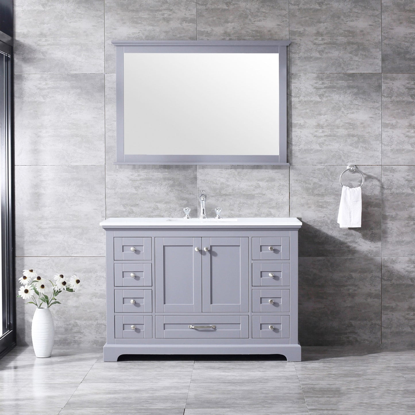 Lexora Dukes 48" Single Vanity, White Quartz Top, White Square Sink and 46" Mirror w/ Faucet - Luxe Bathroom Vanities