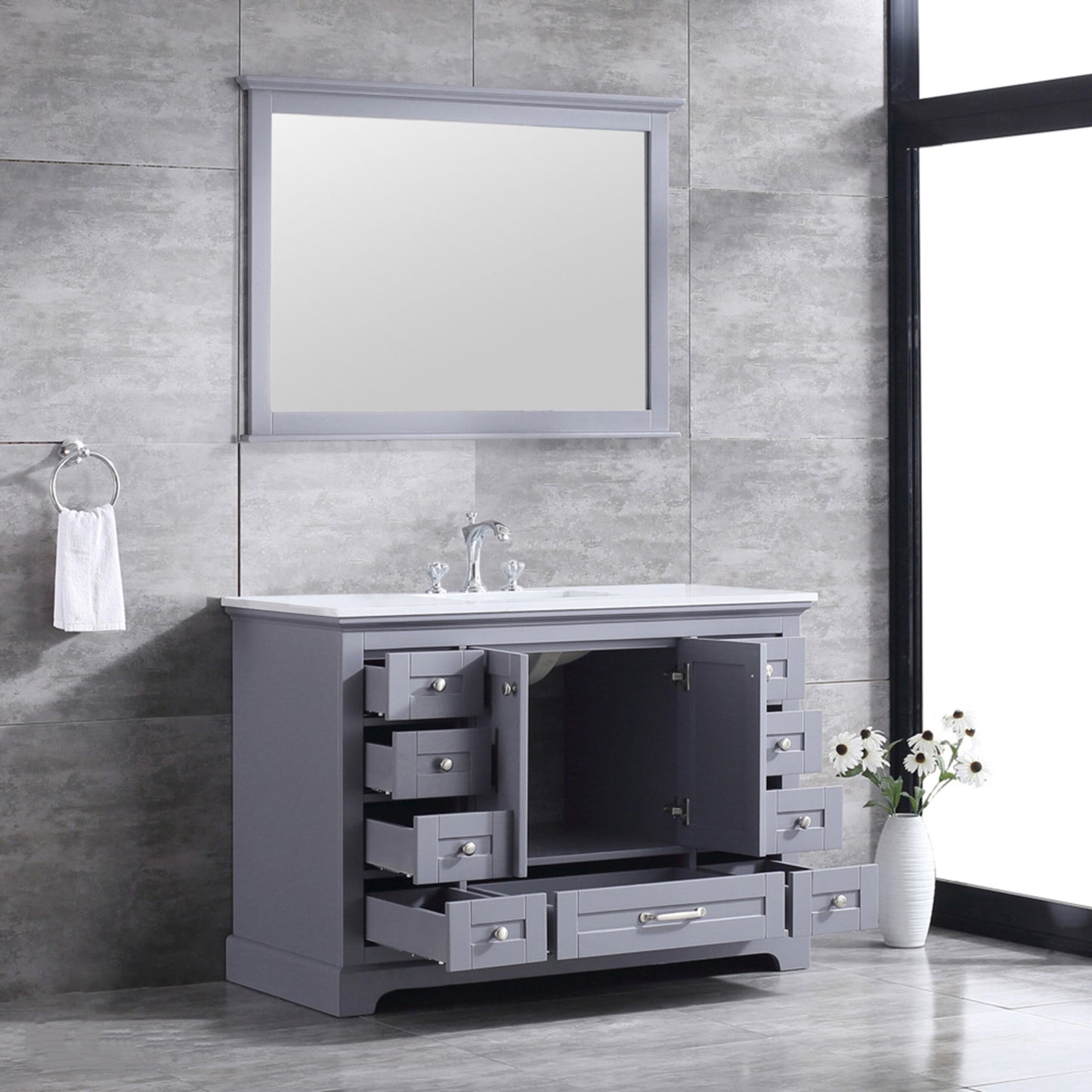 Lexora Dukes 48" Single Vanity, White Quartz Top, White Square Sink and 46" Mirror w/ Faucet - Luxe Bathroom Vanities