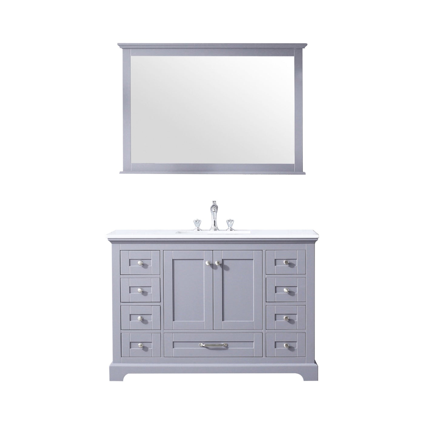 Lexora Dukes 48" Single Vanity, White Quartz Top, White Square Sink and 46" Mirror w/ Faucet - Luxe Bathroom Vanities