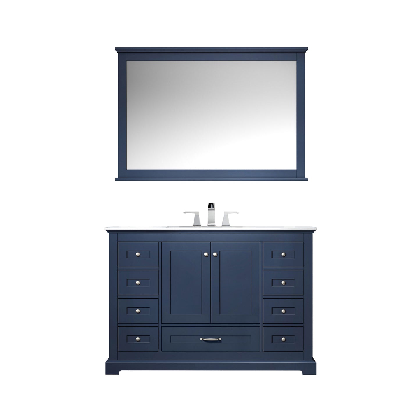 Lexora Dukes 48" Single Vanity, White Quartz Top, White Square Sink and 46" Mirror w/ Faucet - Luxe Bathroom Vanities