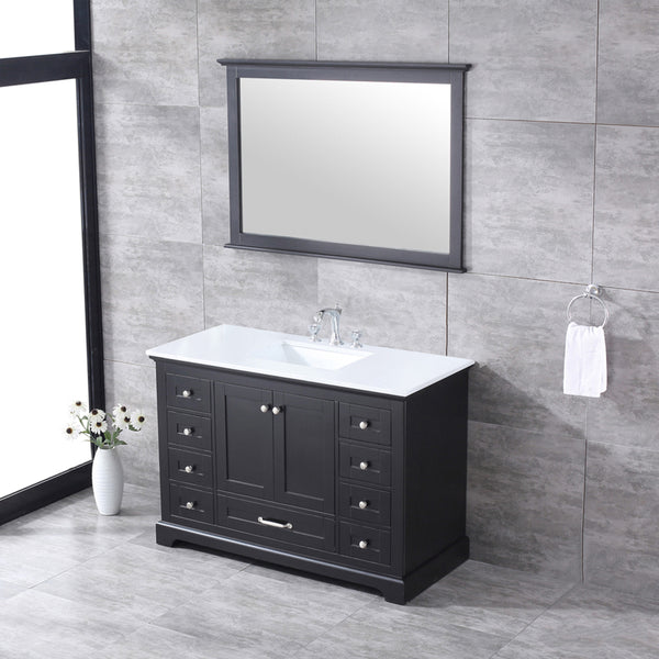 Lexora Dukes 48" Single Vanity, White Quartz Top, White Square Sink and 46" Mirror - Luxe Bathroom Vanities