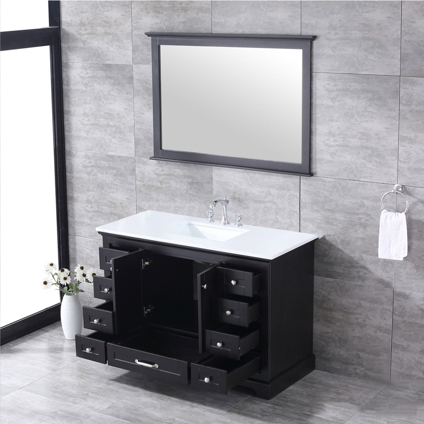 Lexora Dukes 48" Single Vanity, White Quartz Top, White Square Sink and 46" Mirror w/ Faucet - Luxe Bathroom Vanities