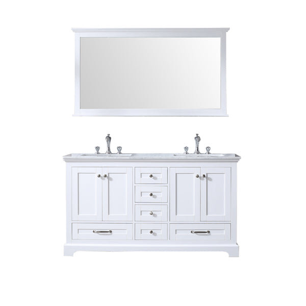 Lexora Dukes 60" Double Vanity, White Carrara Marble Top, White Square Sinks and 58" Mirror w/ Faucets - Luxe Bathroom Vanities