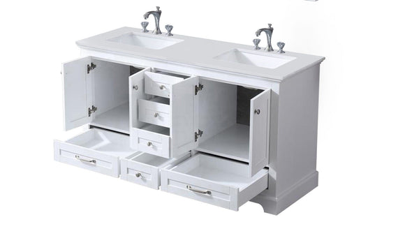 Lexora Dukes 60" Double Vanity, White Quartz Top, White Square Sinks and no Mirror - Luxe Bathroom Vanities