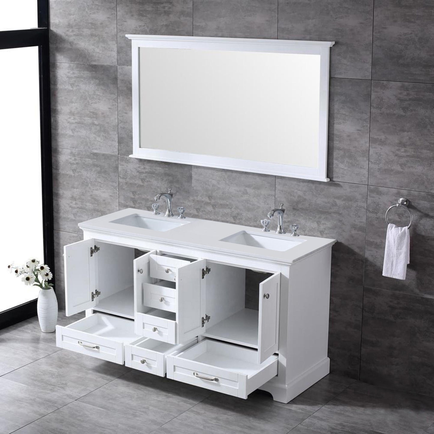 Lexora Dukes 60" Double Vanity, White Quartz Top, White Square Sinks and 58" Mirror - Luxe Bathroom Vanities