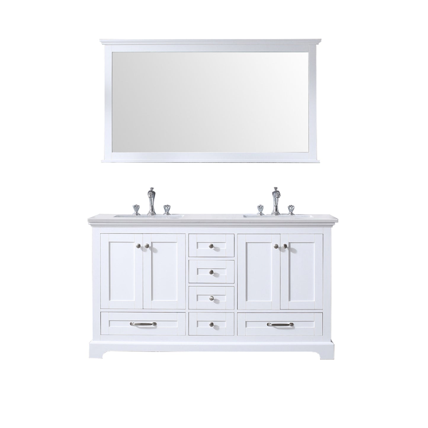 Lexora Dukes 60" Double Vanity, White Quartz Top, White Square Sinks and 58" Mirror w/ Faucets - Luxe Bathroom Vanities